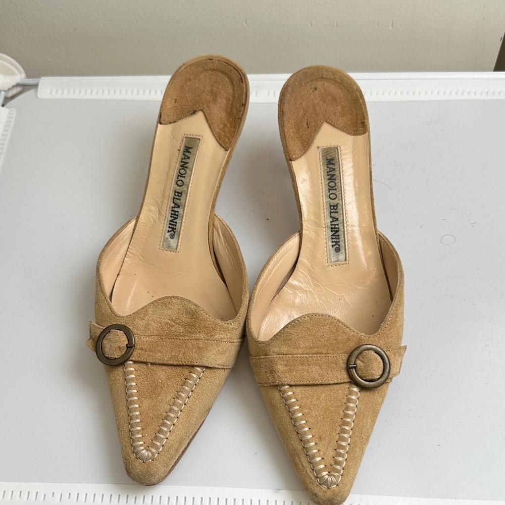 Manolo Blahnik Beige Suede Mules with Buckle Detail